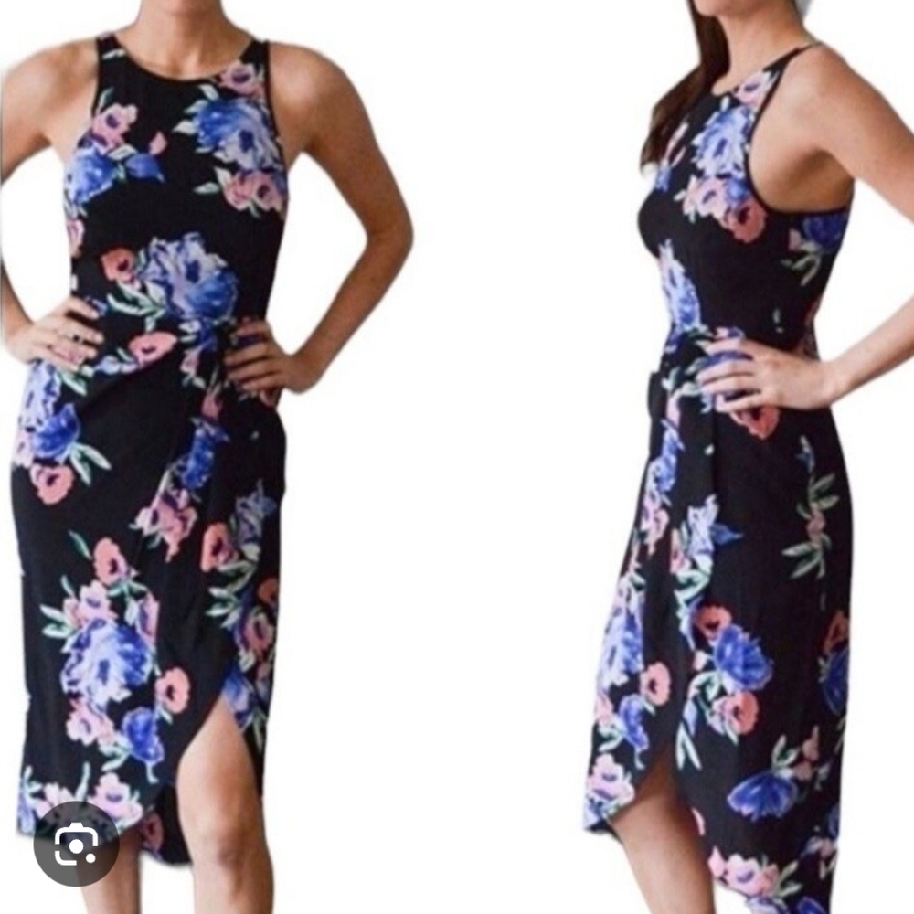 Yumi Kim 100% Silk So Social Floral Pleated Faux Wrap Tank Midi Cocktail Dress